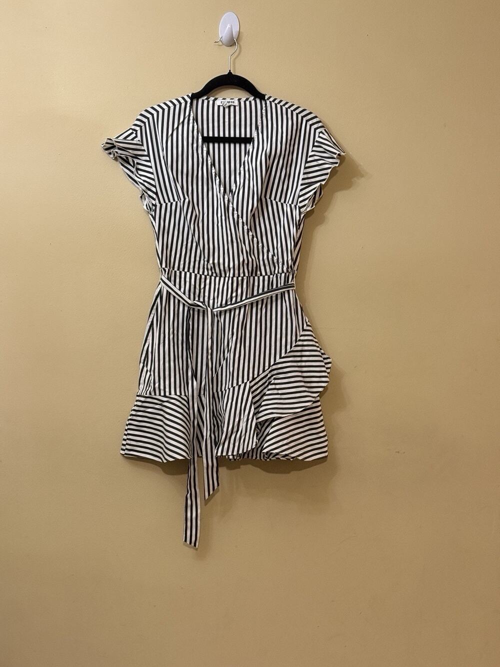 French Nautical Express Striped Surplice Ruffle Hem Tie Waist Mini Dress Size 4